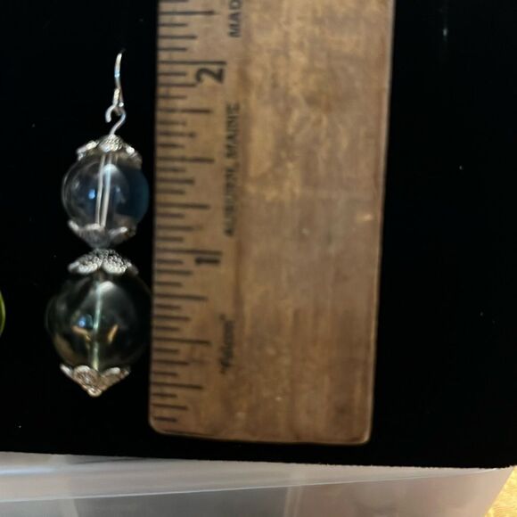 Handcrafted silver tone earrings with clear and green beading - Picture 3 of 3